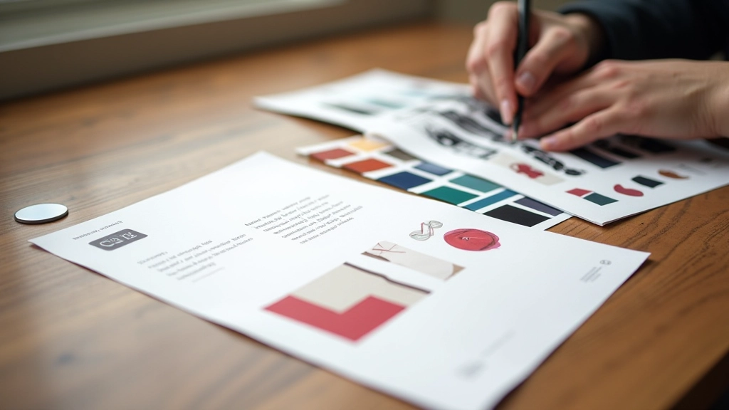 Brand identity materials per azienda di moda, palette colori, loghi, linee guida di design su tavolo di lavoro creativo