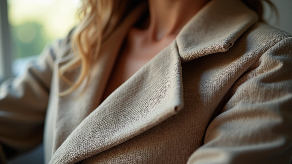 Dettaglio di tessuto di lusso fotografato in primo piano con texture visibile, illuminazione naturale da finestra, background sfumato, profondità di campo