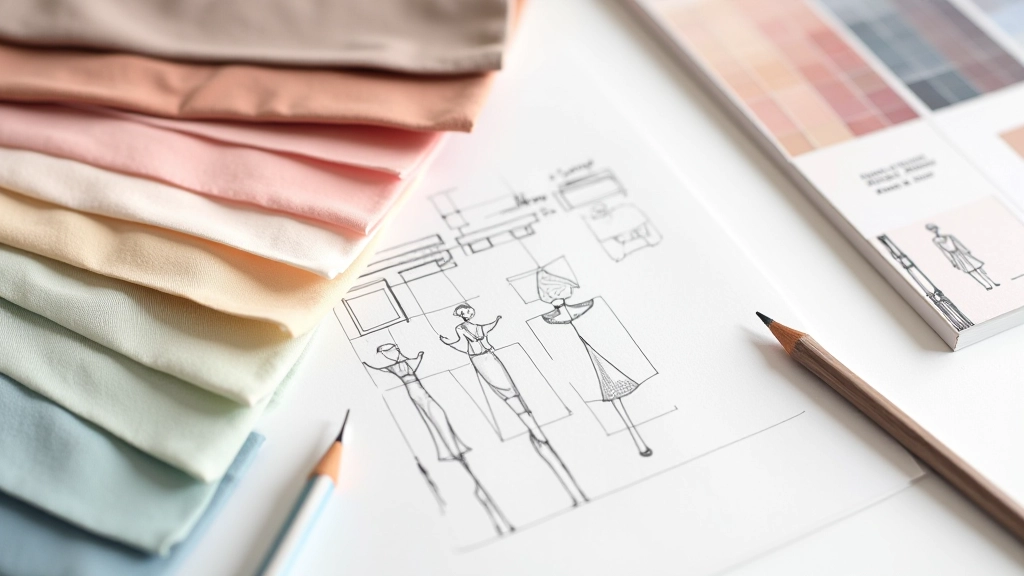 Dettagli di tessuto di lusso, filati pregiati, campioni di colore su tavolo di design con sketches di moda