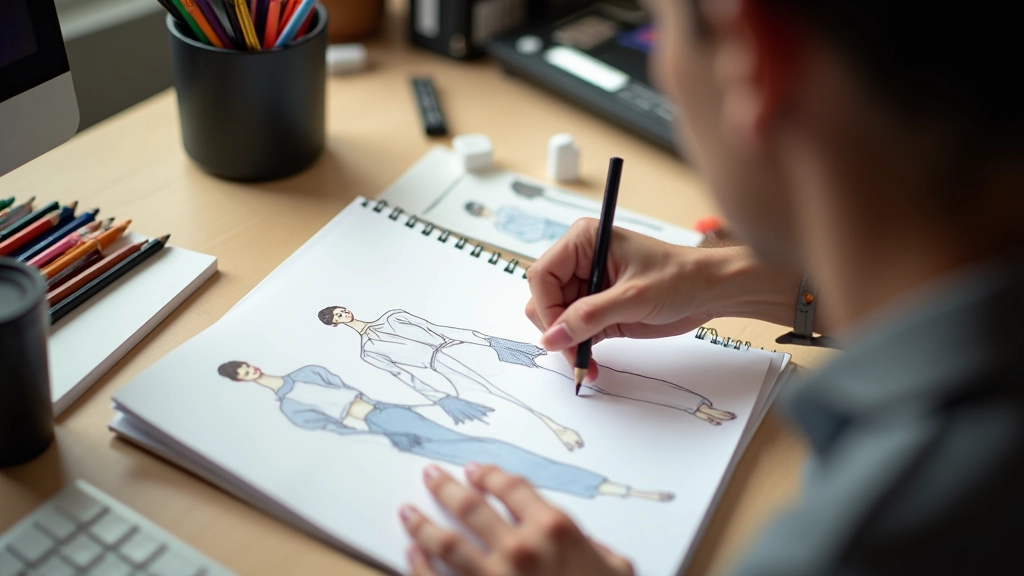 Mani che scrivono in un quaderno di design con matite colorate, foglio con bozzetti di moda accanto