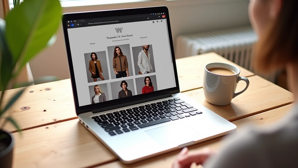 Schermo laptop che mostra un sito web di moda con design elegante, spazi negativi, tipografia raffinata