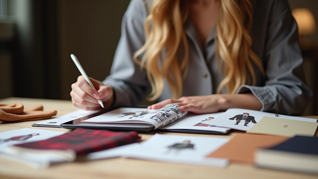 Designer che cura la cura dei dettagli di un lookbook, tablet con immagini moda, campioni di tessuto sparsi sulla scrivania