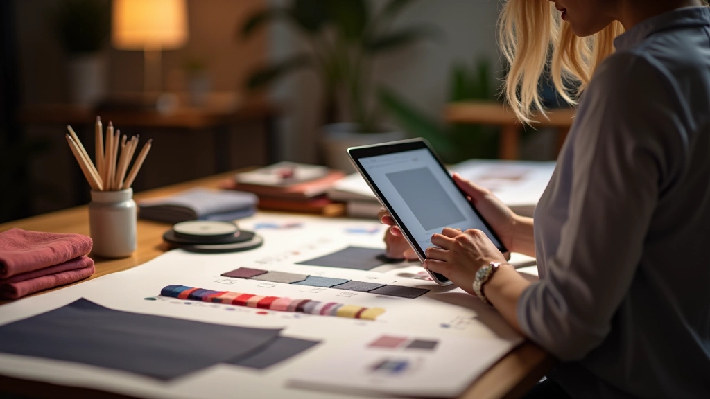 Workspace di fashion designer con campionari di tessuto, tavolozza colori, tablet con portfolio digitale, illuminazione studio professionale