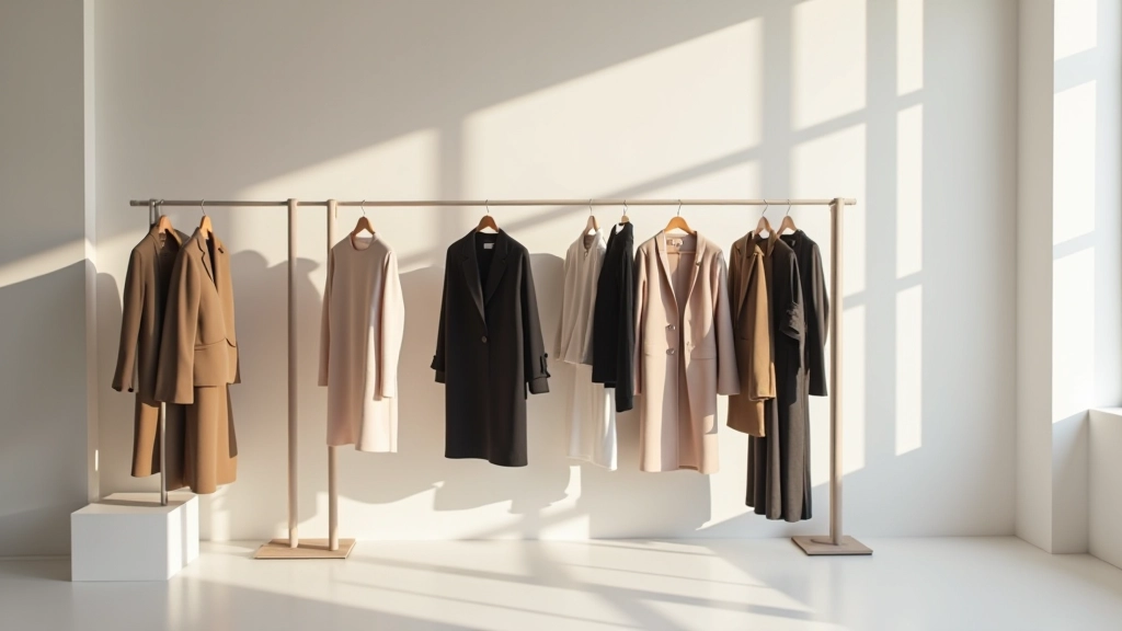 Lookbook moda esposto in ambienti eleganti, abiti su manichino in loft minimalista, pareti bianche, illuminazione drammatica