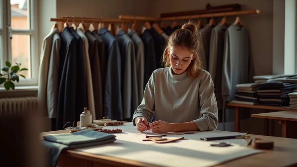 Sartoria italiana con tessuti pregiati appesi in atelier, dettagli di cuciture su tavolo di lavoro, luce naturale dalla finestra