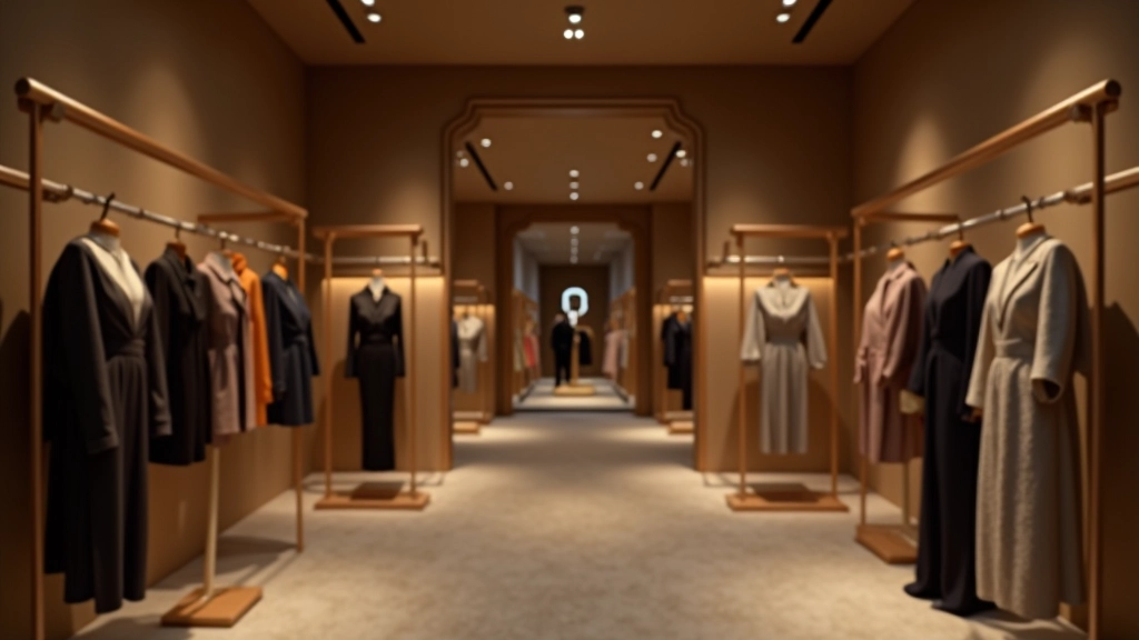 Abiti couture in boutique di lusso con illuminazione sofisticata, dettagli di tessuti pregiati, ambiente raffinato