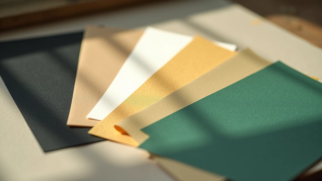 Palette colori di lusso mostra nero, bianco, oro e verde scuro su campioni di carta di qualità