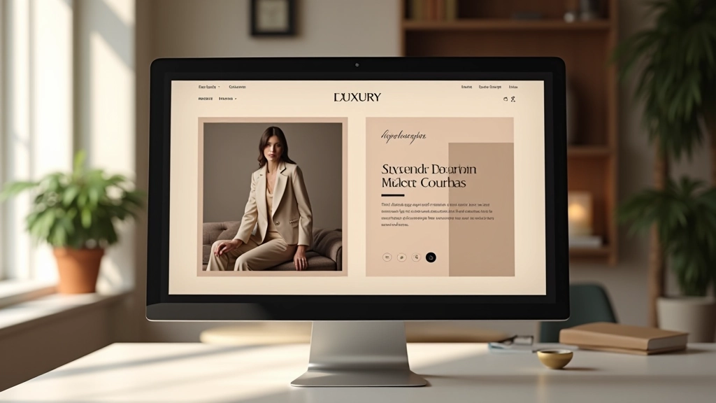 Schermo di computer con interfaccia di e-commerce di lusso, palette colori eleganti e tipografia raffinata, design minimalista
