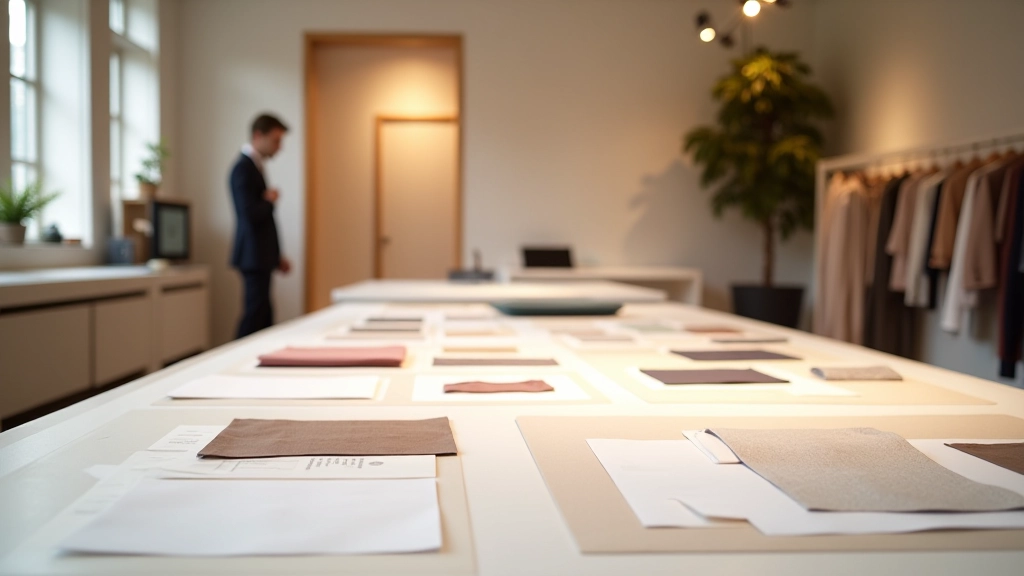 Studio di design luxury con tessuti pregiati e mood board di moda italiana, illuminazione sofisticata e ambiente creativo