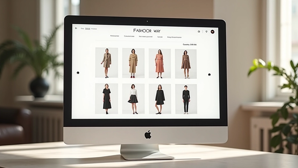 Schermo di e-commerce moda con griglia di prodotti luxury ben organizzati, illuminazione morbida, interfaccia clean con spazi bianchi