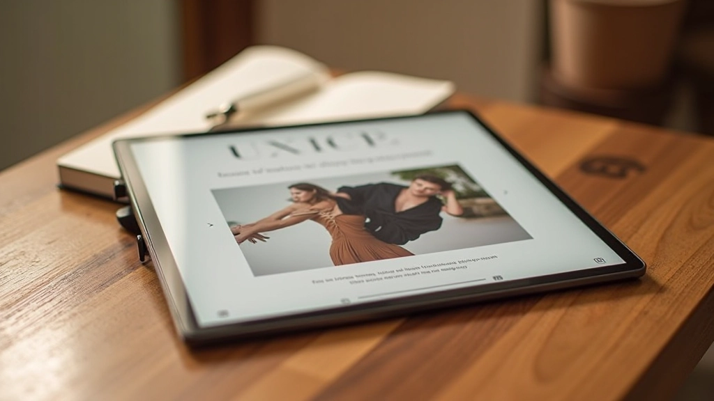 Tablet che mostra un lookbook fashion digitale con foto di moda minimalista, tavolino di legno con accessori di lusso