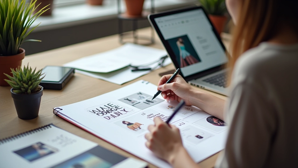 Designer al lavoro su tablet e carta, bozze di layout per sito di moda con attenzione ai dettagli