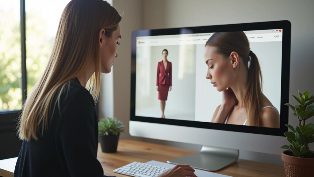 Persona che naviga un lookbook fashion su computer desktop, display ampio, interfaccia minimalista, luce dello schermo